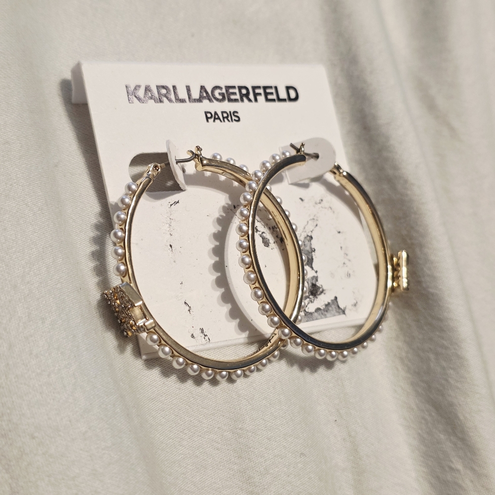Karl Lagerfield Paris Faux Pearl Hoop Gold Earrings With Karl Crystal Logo - Picture 3 of 9